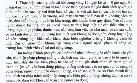 Thực hiện cách ly toàn xã hội trong 15 ngày từ 01/4/2020